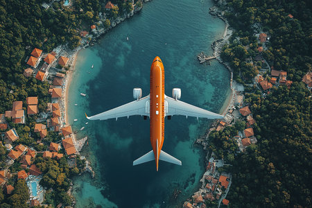 Airplane fly above beautiful nature landscape island, Tourism destination, Background for banner summer holiday vacation travel trip.の素材