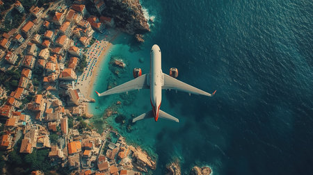 Airplane fly above beautiful nature landscape island, Tourism destination, Background for banner summer holiday vacation travel trip.の素材