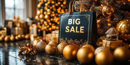 Black Friday, black and gold kraft shopping bag with inscription Big Sale on dark background. Black friday sale, discount, recycling, shopping and ecology concept. With copy space.の素材