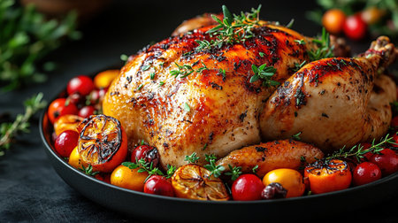 Roasted Turkey: Succulent turkey roasted to perfection with crispy skin, often served with gravy and stuffing, a holiday favorite. Top view with copy space.の素材