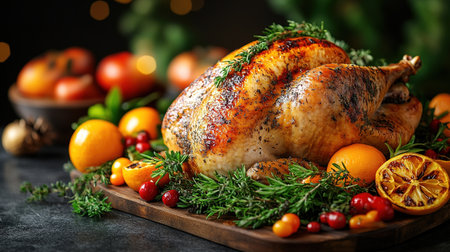 Roasted Turkey: Succulent turkey roasted to perfection with crispy skin, often served with gravy and stuffing, a holiday favorite. Top view with copy space.の素材