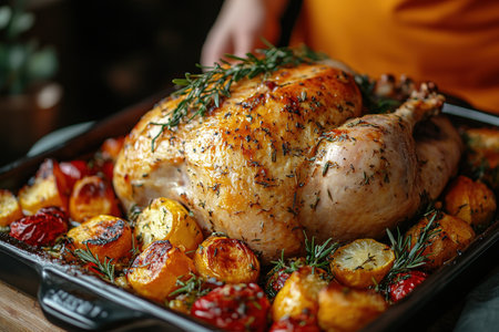 Woman turkey taking out of oven on a kitchen background. Roasted, traditional turkey cooking. Christmas turkey. A woman takes a festive chicken or turkey out of the oven on Thanksgiving day.の素材