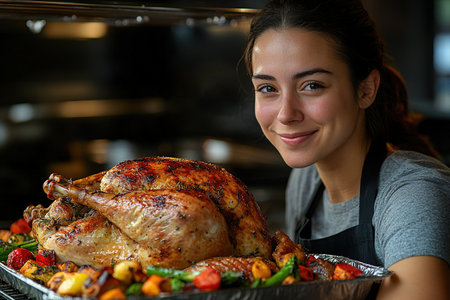 Woman turkey taking out of oven on a kitchen background. Roasted, traditional turkey cooking. Christmas turkey. A woman takes a festive chicken or turkey out of the oven on Thanksgiving day.の素材