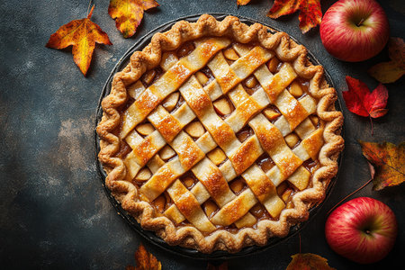 Apple pie decorated with lattice overhead shot, fall baking concept.の素材