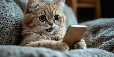 A fluffy pet cat looks into a smartphone and is surprised by the discounts. The concept of autumn discounts, black Friday sales.の素材