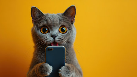 A fluffy pet cat looks into a smartphone and is surprised by the discounts. The concept of autumn discounts, black Friday sales.の素材