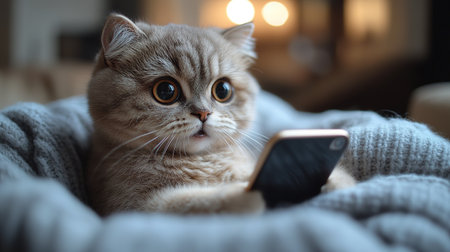 A fluffy pet cat looks into a smartphone and is surprised by the discounts. The concept of autumn discounts, black Friday sales.の素材