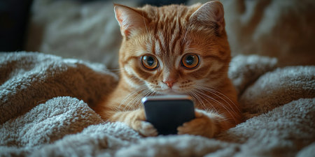 A fluffy pet cat looks into a smartphone and is surprised by the discounts. The concept of autumn discounts, black Friday sales.の素材