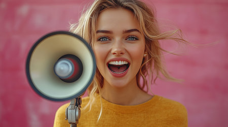 Beauty blond haired woman holding megaphone, shout something. isolated over pink background. Caucasian model. The concept of autumn discounts, black Friday sales.の素材