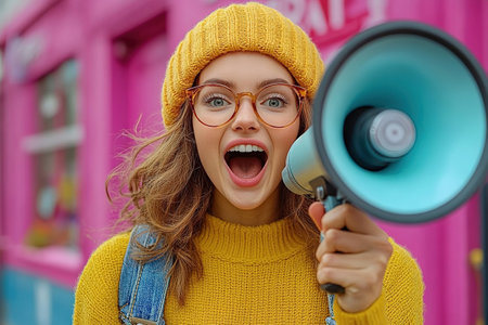 Beauty blond haired woman holding megaphone, shout something. isolated over pink background. Caucasian model. The concept of autumn discounts, black Friday sales.の素材