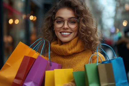 Photo of pretty millennial model lady carry many packs shopper enjoy tourism abroad sales wear fluffy jacket.の素材