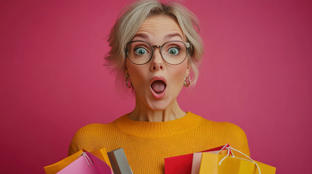 Closeup photo of funny girl amazed open mouth looking small prices in shopping center hold packages isolated on pink color background.の素材