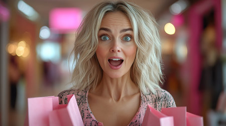 Closeup photo of funny girl amazed open mouth looking small prices in shopping center hold packages isolated on pink color background.の素材