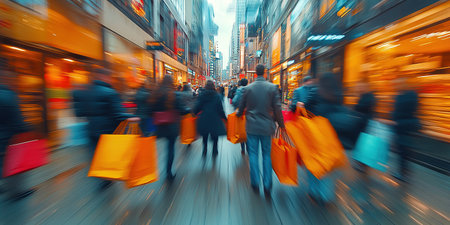 Blurry people with colorful bags rushing to the autumn sales. The concept of discounts, black Friday sales.の素材