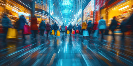 Blurry people with colorful bags rushing to the autumn sales. The concept of discounts, black Friday sales.の素材