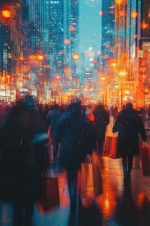 Blurry people with colorful bags rushing to the autumn sales. The concept of discounts, black Friday sales.の素材