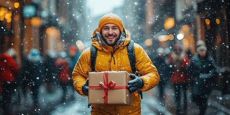 A man runs home with gifts during discounts and sales on Black Friday.の素材