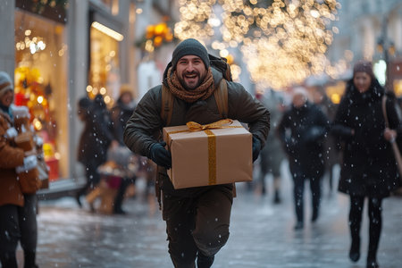 A man runs home with gifts during discounts and sales on Black Friday.の素材