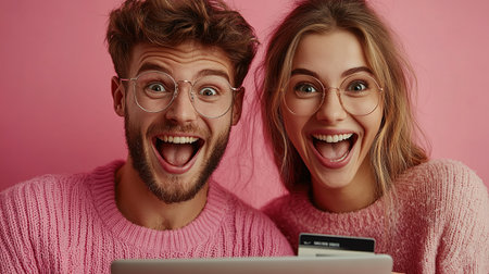 Online Shopping. Happy Smiling Couple Using Credit Card to Internet Shop on-line. Young couple with Laptop Computer and Credit Card buying online. Christmas and New Year Gifts. e-shopping.の素材