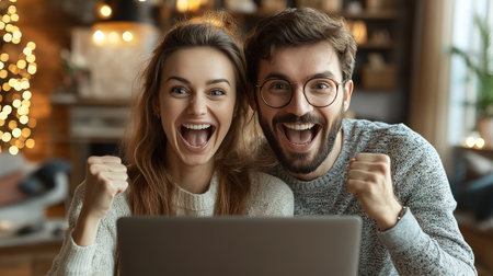 Online Shopping. Happy Smiling Couple Using Credit Card to Internet Shop on-line. Young couple with Laptop Computer and Credit Card buying online. Christmas and New Year Gifts. e-shopping.の素材