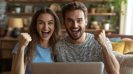 Online Shopping. Happy Smiling Couple Using Credit Card to Internet Shop on-line. Young couple with Laptop Computer and Credit Card buying online. Christmas and New Year Gifts. e-shopping.の素材