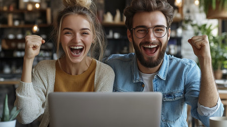 Online Shopping. Happy Smiling Couple Using Credit Card to Internet Shop on-line. Young couple with Laptop Computer and Credit Card buying online. Christmas and New Year Gifts. e-shopping.の素材