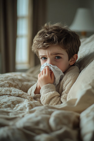 Toddler boy with sick look blowing her nose in the napkin, health and care concept, indoor portrait.の素材