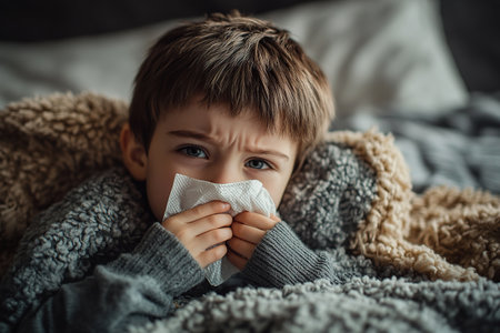 Toddler boy with sick look blowing her nose in the napkin, health and care concept, indoor portrait.の素材