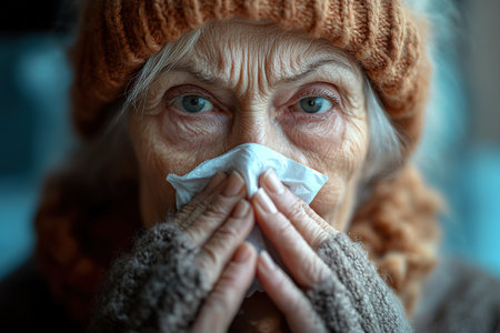 Cold. Portrait of a sad old woman, runny nose. An elderly woman has the flu and snows from a seasonal viral problem. Fever and cold in the elderly with flu.の素材