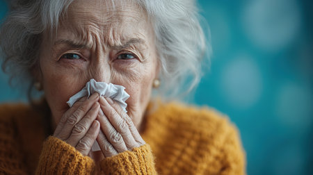Cold. Portrait of a sad old woman, runny nose. An elderly woman has the flu and snows from a seasonal viral problem. Fever and cold in the elderly with flu.の素材