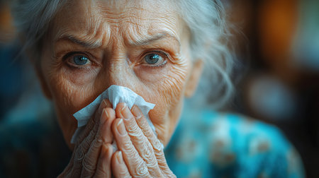 Cold. Portrait of a sad old woman, runny nose. An elderly woman has the flu and snows from a seasonal viral problem. Fever and cold in the elderly with flu.の素材