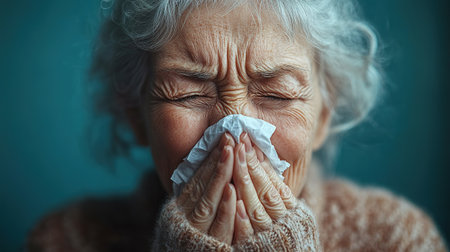 Cold. Portrait of a sad old woman, runny nose. An elderly woman has the flu and snows from a seasonal viral problem. Fever and cold in the elderly with flu.の素材