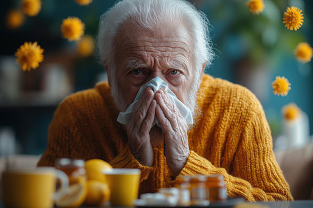 An elderly man is not feeling well, sitting at home on the sofa covered with a blanket, holding a cup with a drink in his hands and wiping his nose with a napkin from a runny nose.の素材
