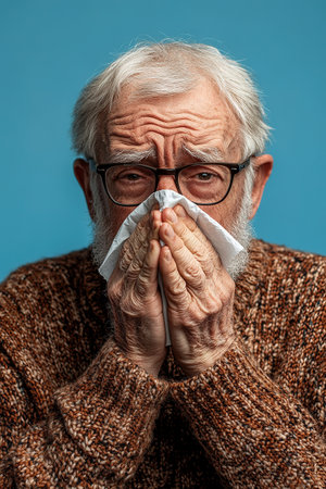 An elderly man is not feeling well, sitting at home on the sofa covered with a blanket, holding a cup with a drink in his hands and wiping his nose with a napkin from a runny nose.の素材