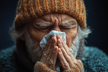 An elderly man is not feeling well, sitting at home on the sofa covered with a blanket, holding a cup with a drink in his hands and wiping his nose with a napkin from a runny nose.の素材