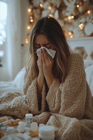 Young sad displeased upset woman wear hold napkin blowing nose isolated on plain background studio portrait Healthy lifestyle ill sick disease treatment cold season concept. The girl sneezes into a handkerchief.の素材