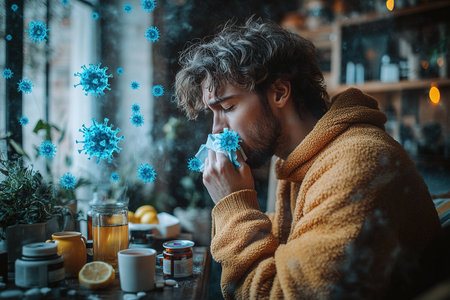 Young man sneezing and having a runny nose allergy sitting on a bench in the daytime outside an office building, hispanic businessman sick with a tissue near his nose.の素材