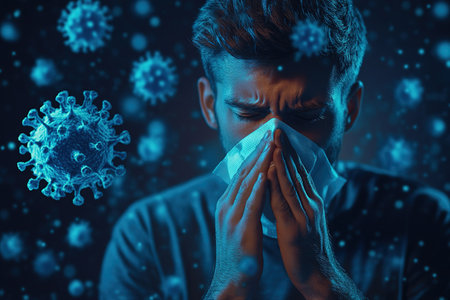 Young man sneezing and having a runny nose allergy sitting on a bench in the daytime outside an office building, hispanic businessman sick with a tissue near his nose.の素材