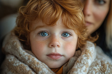kid with flu or covid illness sleep in bed under blanket with concerned mother on bedside. Child cure at home and parent health care concept.の素材
