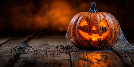 Halloween jack o lantern pumpkin with cobwebs and spiders on wooden table over orange wall background. Holiday mock up for design and product display.の素材