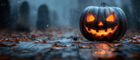 Carved Halloween pumpkins with spiders and cobwebs. Jack-o-lantern burning candles and autumn leaves on table at cemetery.の素材