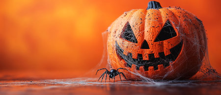 Halloween jack o lantern pumpkin with cobwebs and spiders on wooden table over orange wall background. Holiday mock up for design and product display.の素材