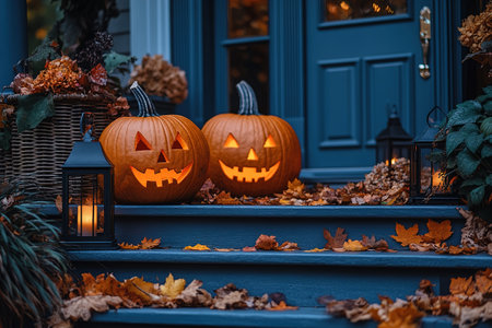 Halloween pumpkin decorations. Pumpkin for decorated house. Halloween Decorated at front yard of an American home. Halloween decorated front door with pumpkins. Autumn holiday of Halloween.の素材
