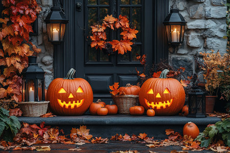 Halloween pumpkin decorations. Pumpkin for decorated house. Halloween Decorated at front yard of an American home. Halloween decorated front door with pumpkins. Autumn holiday of Halloween.の素材