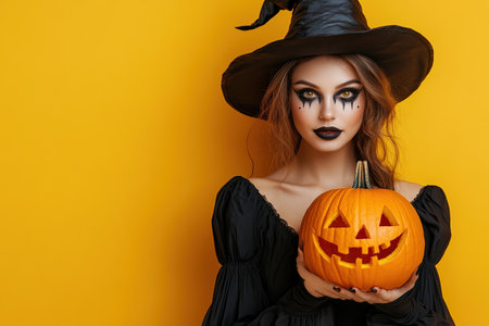 Portrait of woman at Halloween party as dead witch with funny and silly expression on her face. Young woman with bloody make-up holds glowing pumpkin covered with spider webs on orange background.の素材