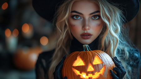 Sexy brunette woman in Halloween makeup and lingerie holds a pumpkin on black background. Halloween concept.の素材