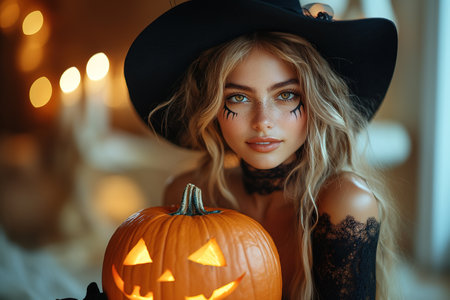 Sexy brunette woman in Halloween makeup and lingerie holds a pumpkin on black background. Halloween concept.の素材