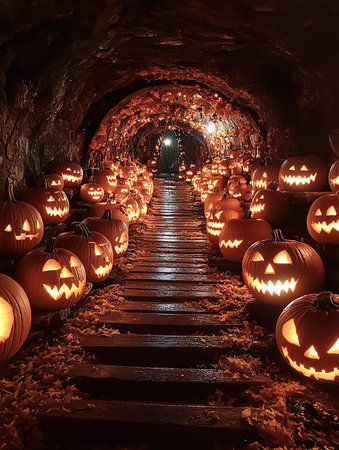 Walking Through a Dark Cave, Candles Set Up Inside and the Pumpkin Glows on Halloween Night. Traditional Halloween Symbol.の素材
