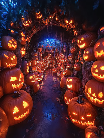 Walking Through a Dark Cave, Candles Set Up Inside and the Pumpkin Glows on Halloween Night. Traditional Halloween Symbol.の素材