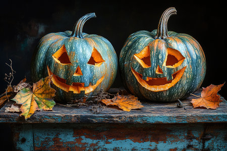 Spooky Halloween pumpkins in the forest. Scary halloween background with free space for text. Jack-o-lantern on a wooden table.の素材